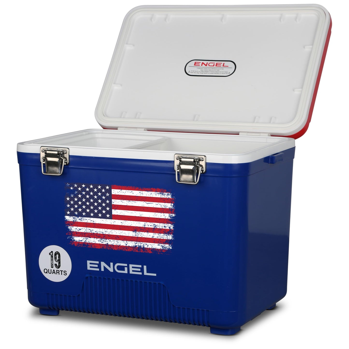 Engel UC19-RWB 19 Quart Fishing Live Bait Dry Box Ice Cooler with Stain/Odor-Resistant Surface and Shoulder Strap, USE Red, White and Blue with American Flag