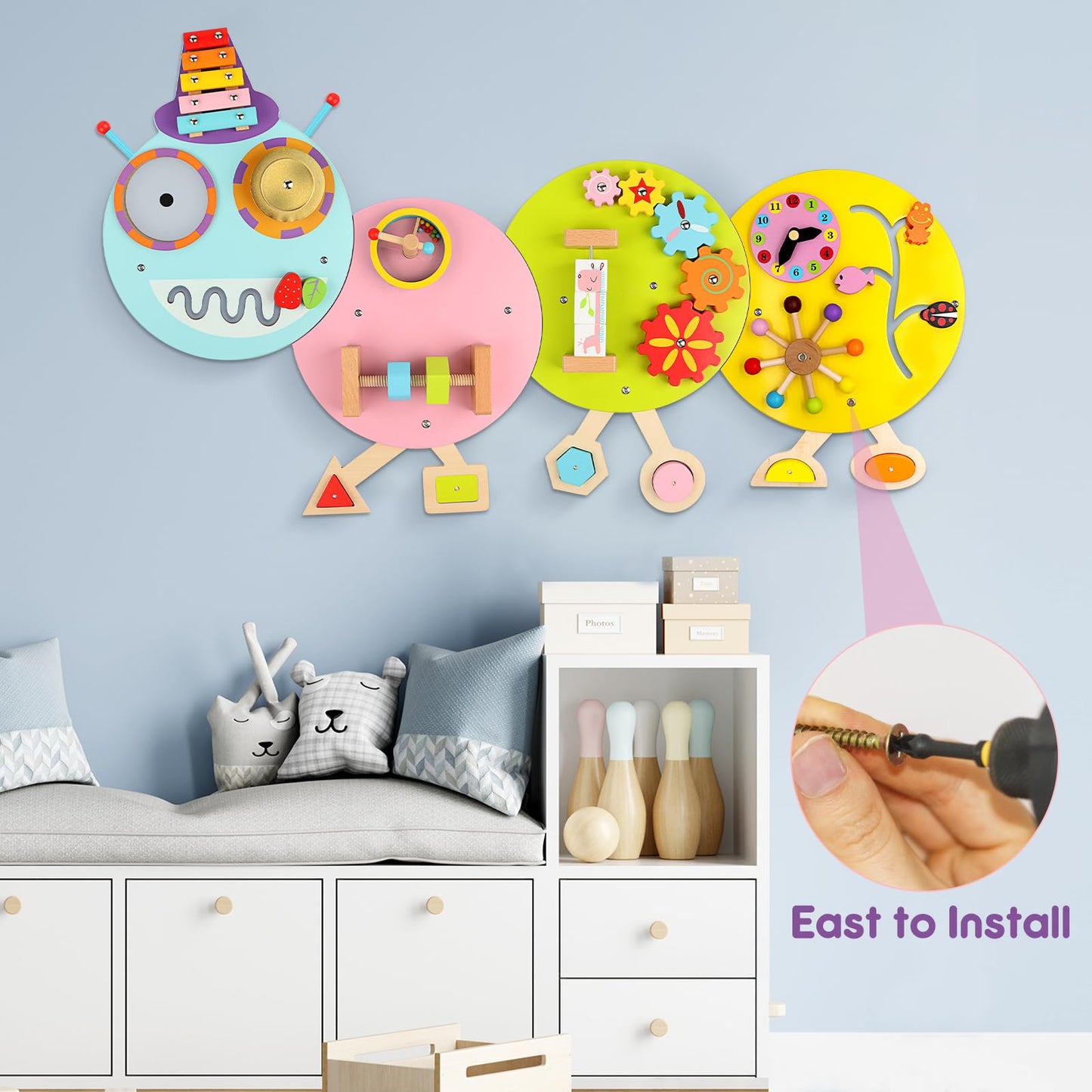 Sinpedex Caterpillar Activity Wall Busy Board for Kids:12 in 1 Sensory Wall Panel for Toddler,Wooden Montessori Educational Toys for Playroom Daycare Nursery Classroom