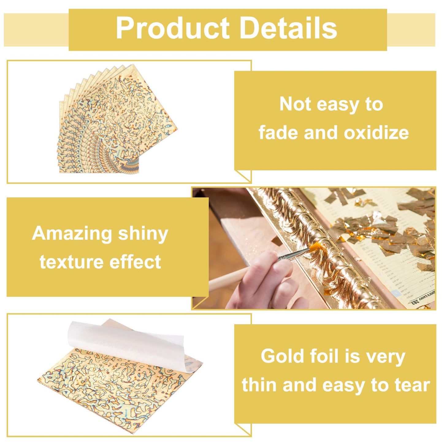 MECCANIXITY 50 Pcs Gold Leaf Sheets 5.5" x 5.5" Imitation Gold Foil Sheets Variegated Booklet with Pattern for Crafts,Picture Frames,Nails and DIY Arts Decoration,Gypsophila Gold