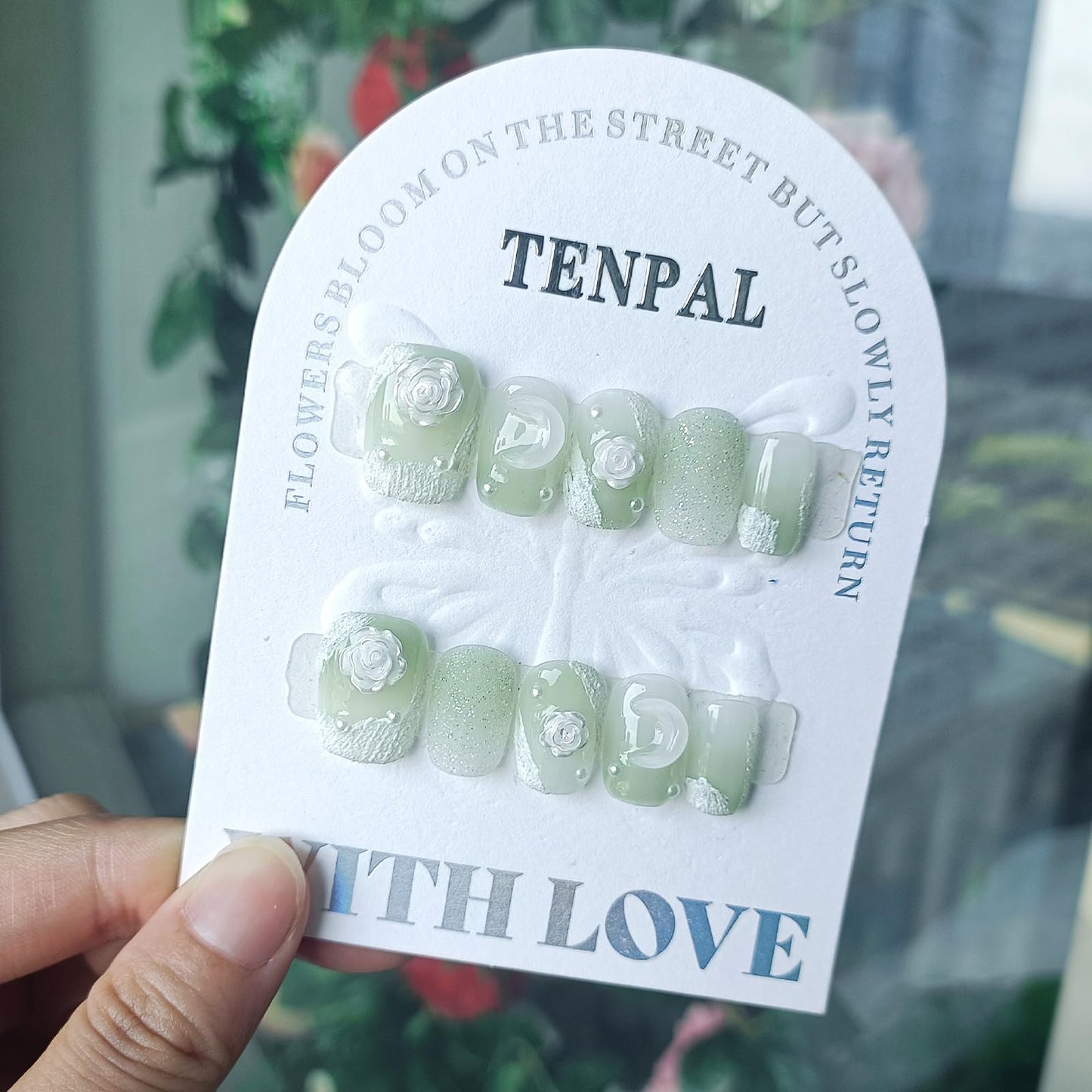 TENPAL Matte Gypsum Green Nails Handmade Press on Nails Short Square Acrylic Fake Nails with Camellia Moon Designs 10pcs/box Full Cover Artificial False Nails Sweet Cute Glue on Nails(M)
