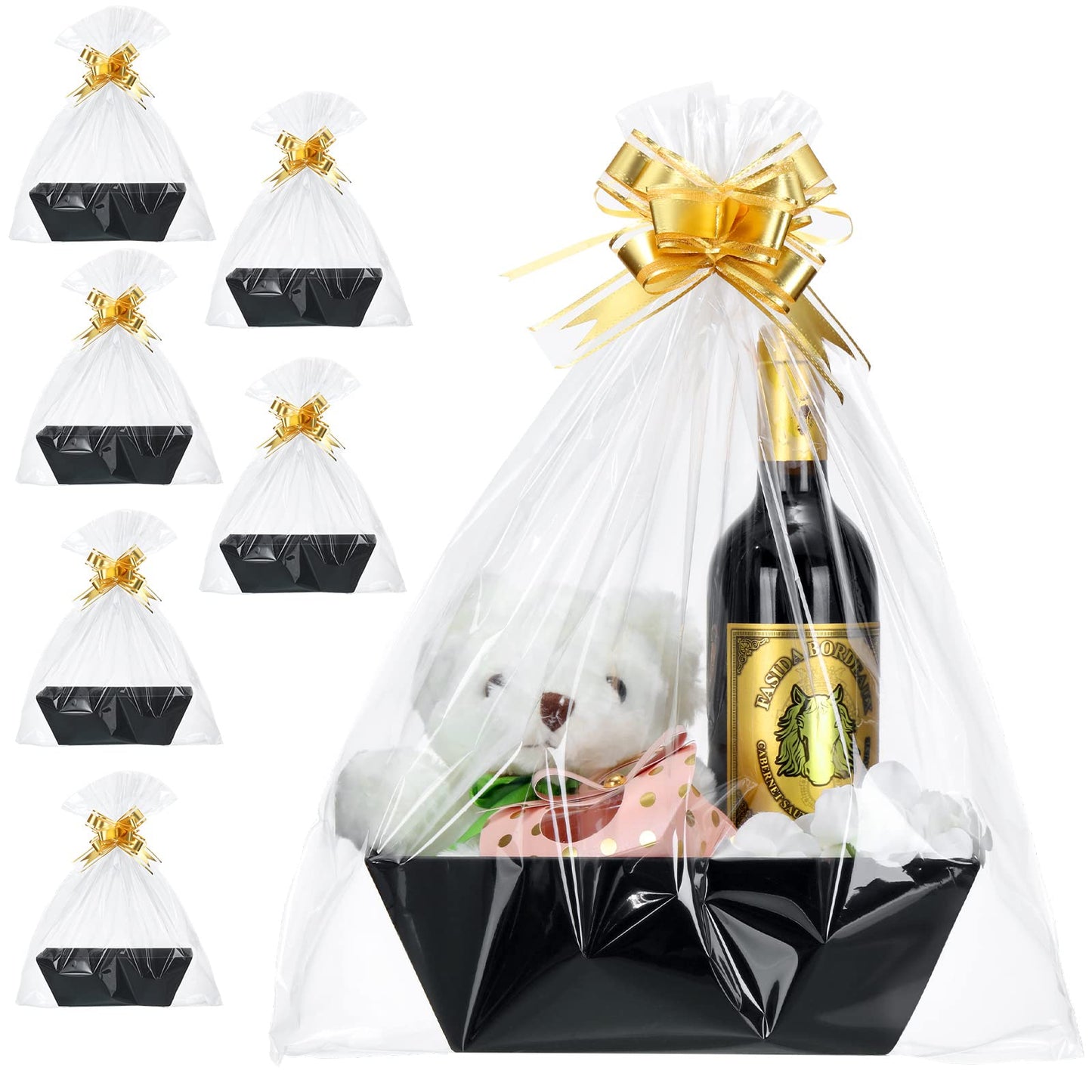 Mimorou 6 Pack Baskets for Gifts Empty To Fill, Kraft Empty Gift Basket Kit Bulk with Handle 6 Wrap Bag 10 Pull Bow DIY for Wedding Graduation Birthday Party Holiday(Black,Simple Style)