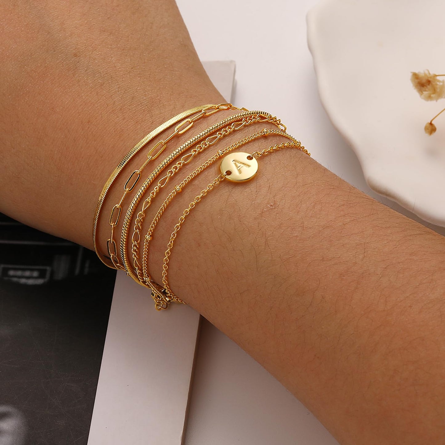 Lydow Bracelets for Women, Stack Jewelry Set Initial N Chain Stackable Letter Teen Accessories Pulseras Para Mujer 6 Inch 6PCS
