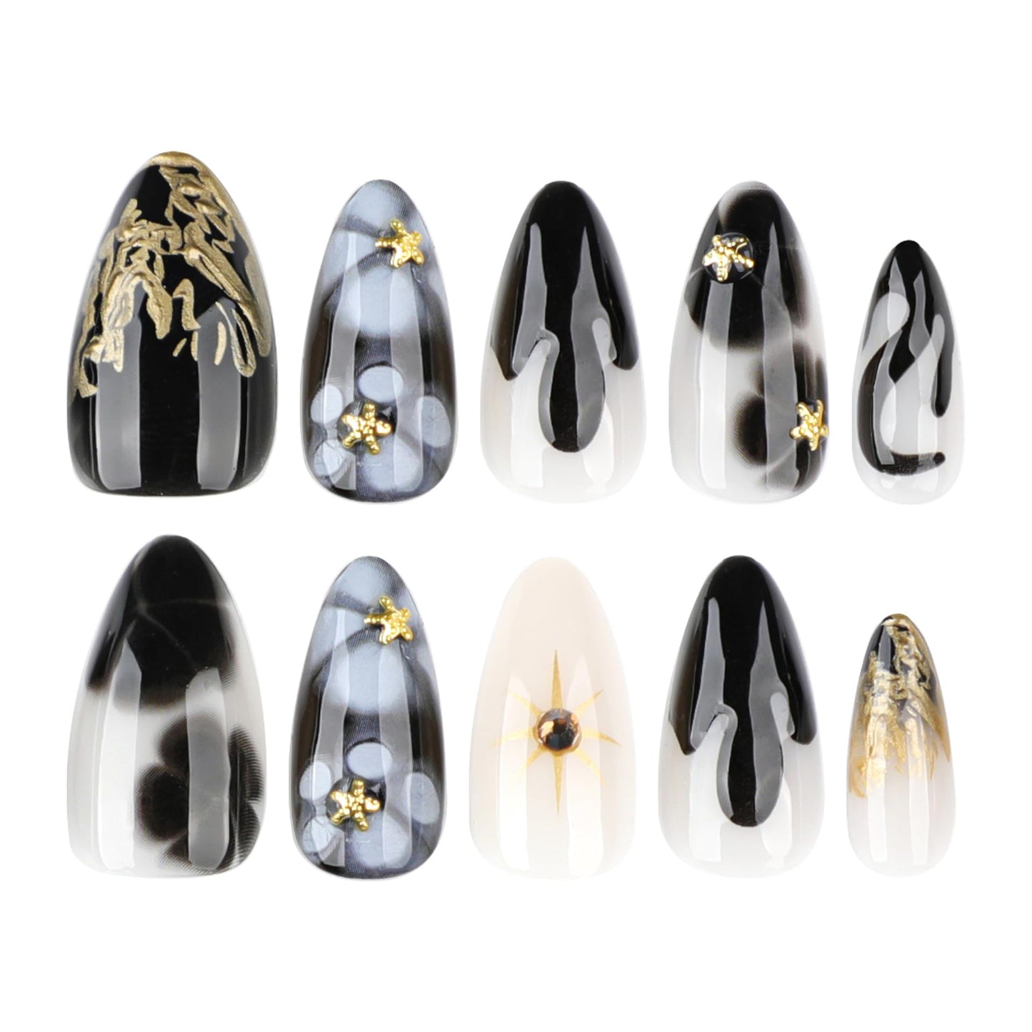 Medium Length Almond Press On Nails, 3D Gold French Tip & Stars Design, Coffin Shape Full Cover False Nails, Reusable Acrylic Glue On Nails for Women, DIY Manicure Kit
