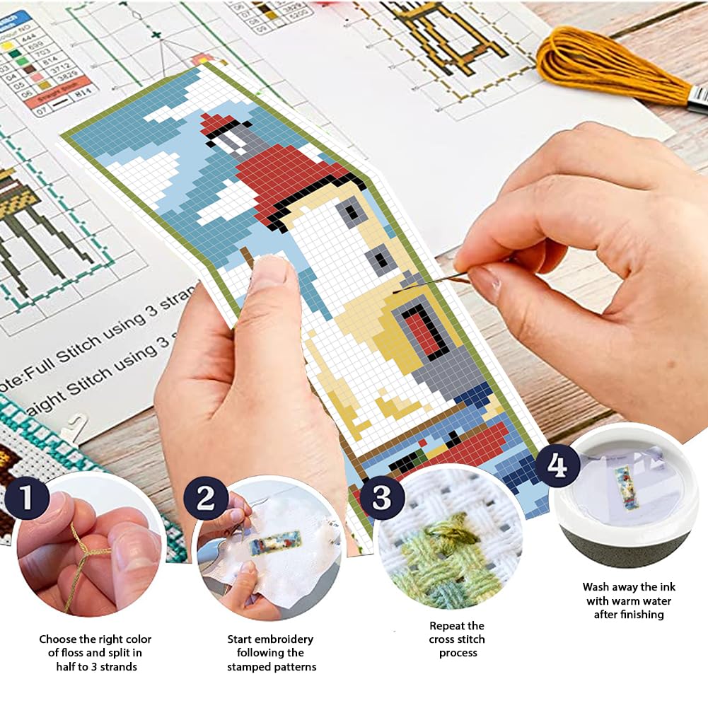 FREEBLOSS 6 Set Bookmark Cross Stitch Kits Cross Stitch Bookmark Kit with Instructions Lighthouse Scenery Pattern Embroidery Kit for Beginners Bookmarks Making Kit for Gift