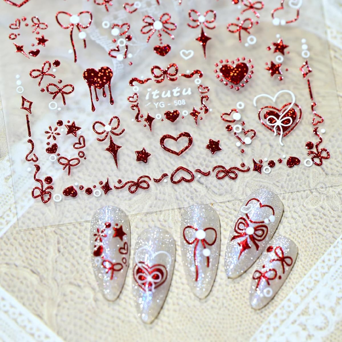 Valentines Nail Stickers for Nail Art Red Heart Nail Stickers 5D Self-Adhesive Embossed Bow Hearts Nail Decals Valentine's Day Nail Decorations for Women 1 Sheet