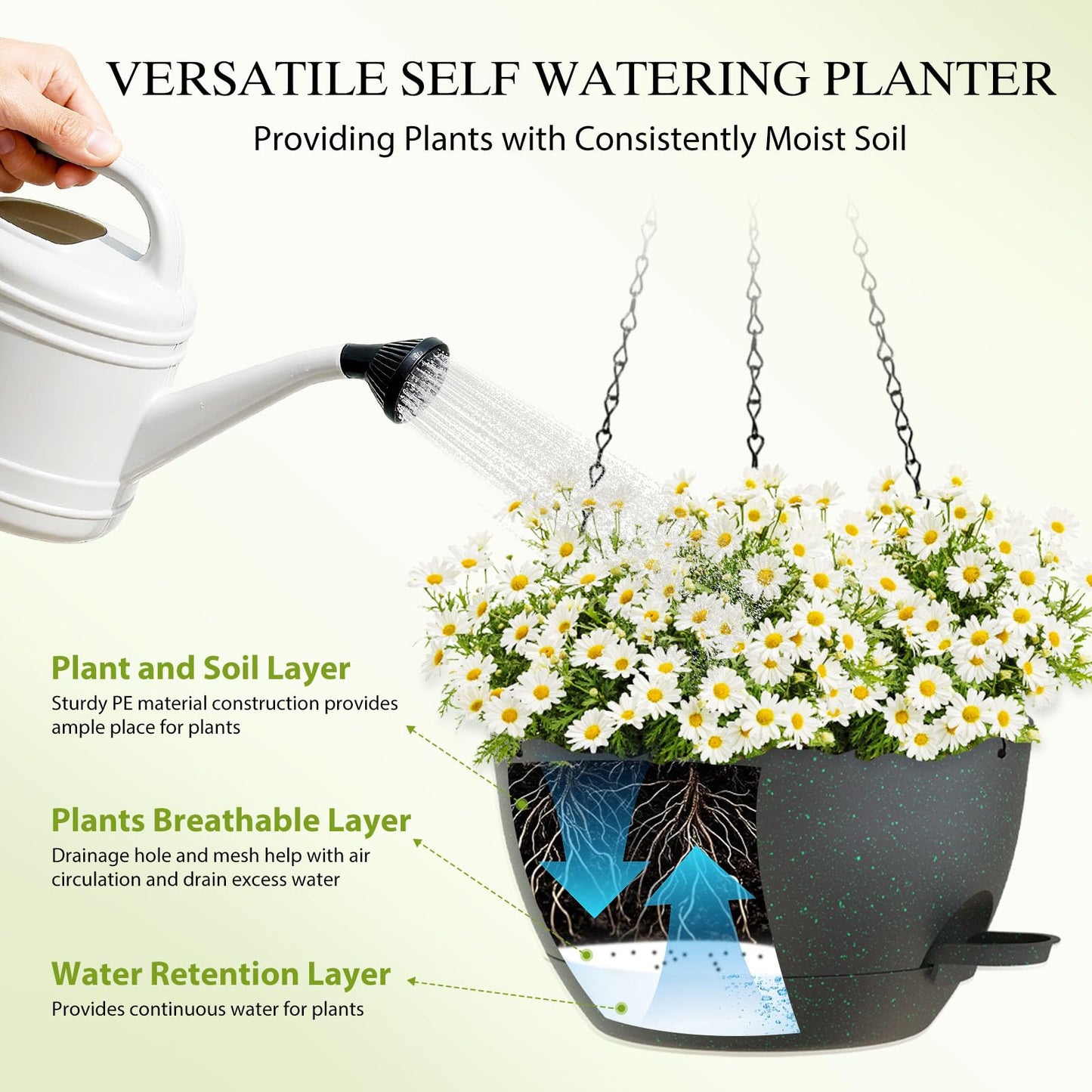 SQKH 10 Inch Hanging Baskets 2 PC with Chains, Self-Watering Hanging Planters for Indoor Outdoor Plants, Plastic Hanging Flower Pots,Black with Green Speckles
