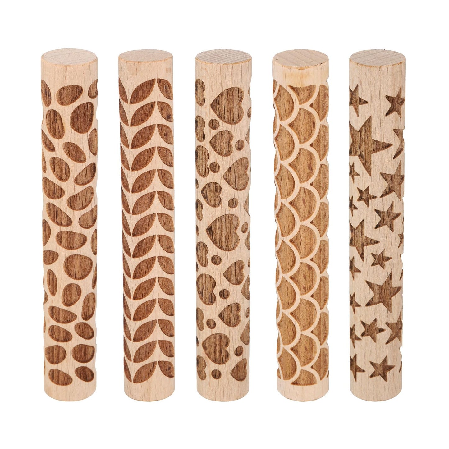 HARFINGTON 5pcs Wood Clay Roller 4" Star Pattern Rolling Pins Wood Rollers Pottery Tools Wood Grain Texture Rollers for Clay Baking Dough Playdough DIY