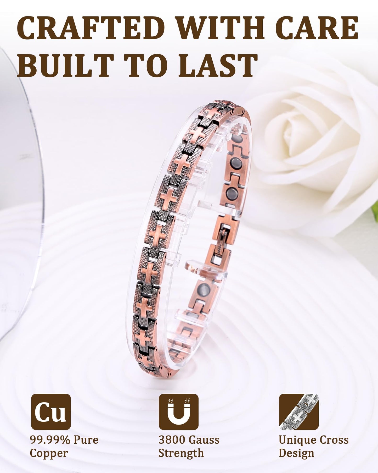 Fashtour Copper Cross Magnetic Bracelet for Women, 99.99% Pure Copper Bracelet, Cross Design, Adjustable (copper600)