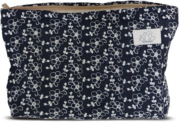HAPPYHEIDI Soft Embroidered Floral Makeup Bag Cosmetic Travel Pouch, Canvas Lined, Make Up Purse Organizer,Cute Black