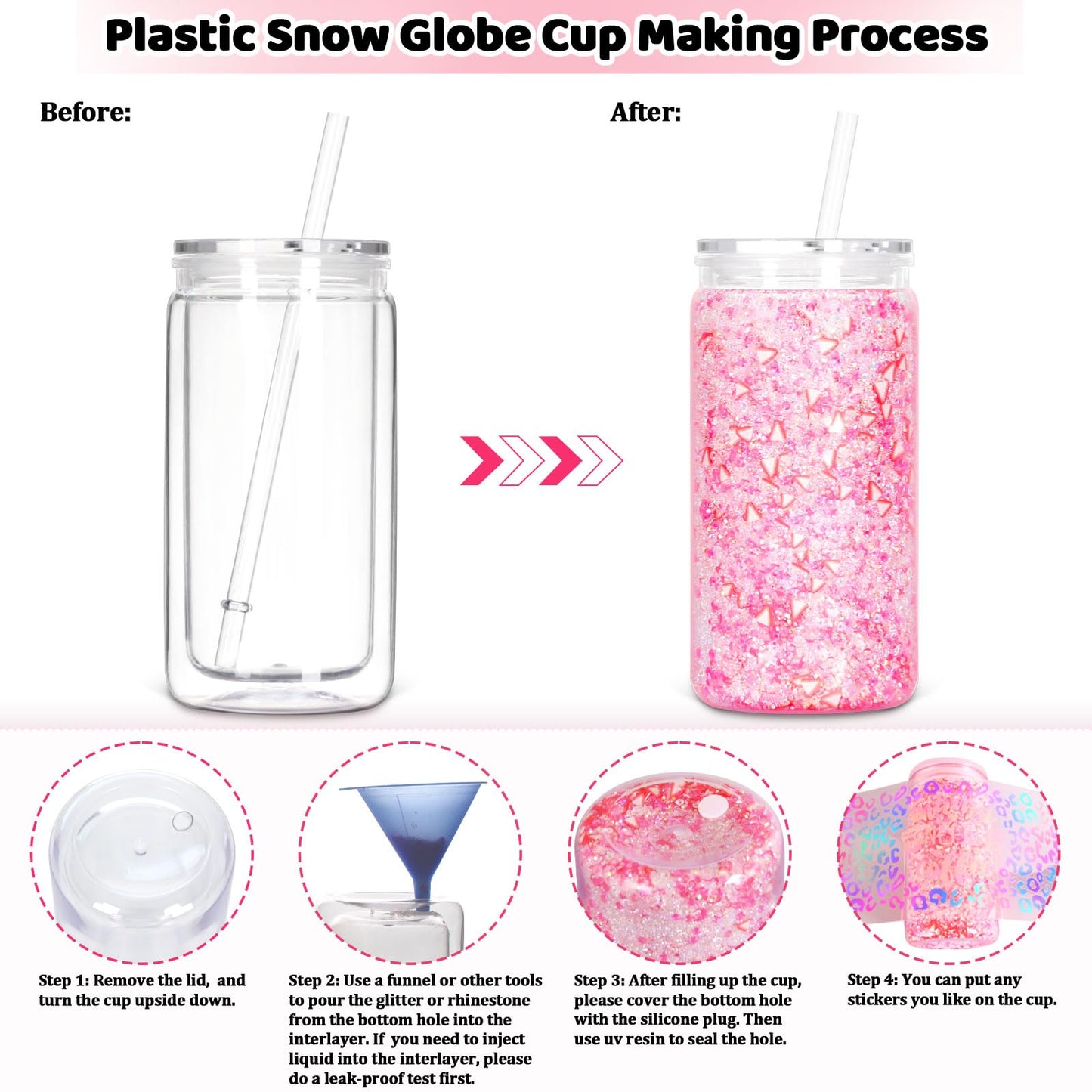 Tswofia 8 Pack Snow Globe Tumbler, 16 Oz Double Wall Plastic Can with Lid and Straw, Mason Jar Mug for Snow Globe Glitter DIY Gift (Clear)