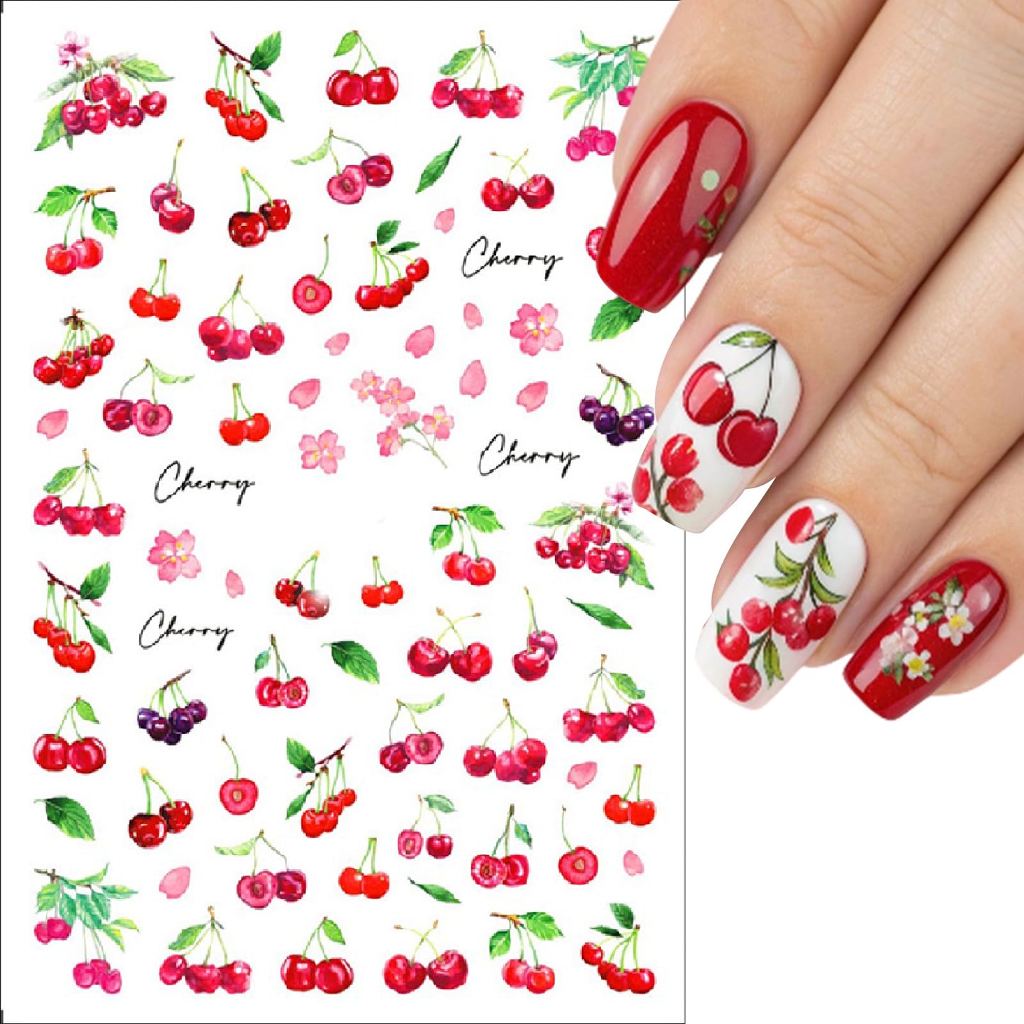 6 Sheets Summer Cherry Nail Art Stickers Cute Bunny Bowknot 3D Fruit Cherry Strawberry Design Suitable for Women and Girls Acrylic Nail Art Decoration