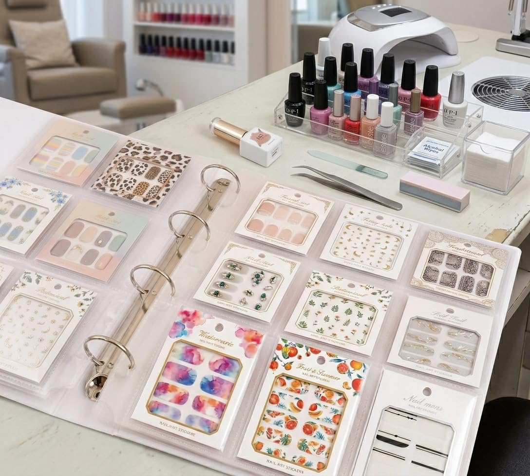 3-in-1 Press On Nail Storage Book,A4 Nail Art Organizer, 2/4/9-Pockets A4 Binder for Nail Stickers, Stamping Plates, and Press-on Nails, Professional Decal Holder for Nail Techs;sticker organizer