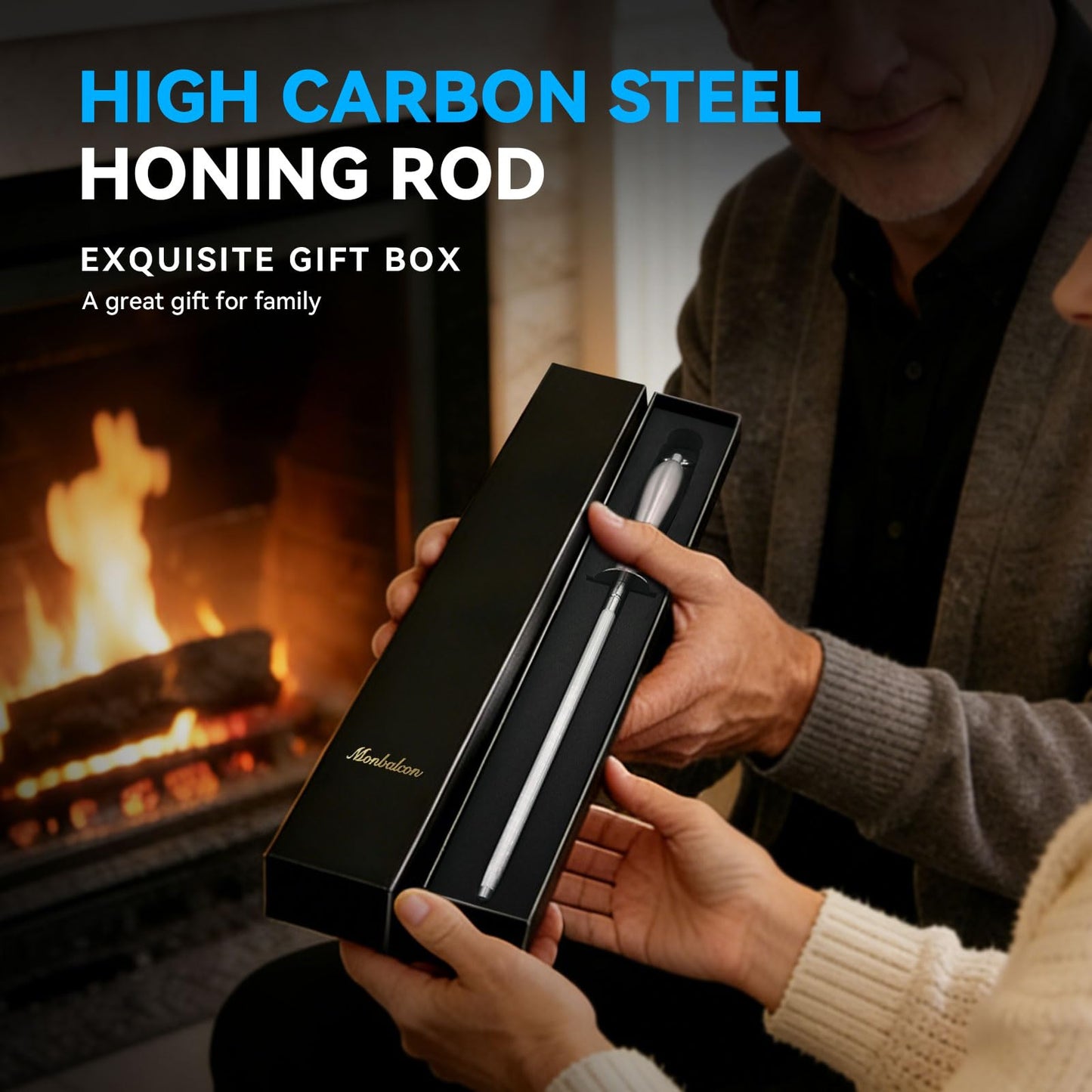 Monbalcon Honing Rod 10'', German High Carbon Steel Knife Sharpener Rod with Premium Gift Box, Professional Fine Sharpening Stone Kitchen Knife Whetstone with Stainless Steel Handle, 10 inch