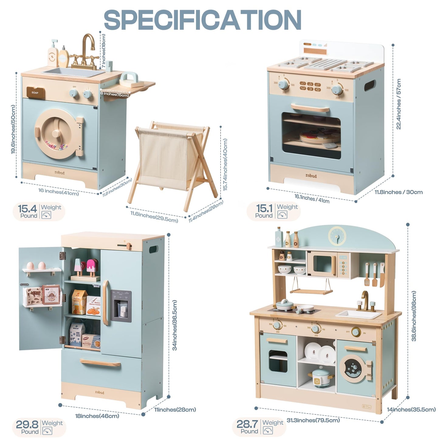ROBOTIME Wooden Play Kitchen, Toddler Kitchen Playset with Oven, Fridge & Washing Machine, Kids Kitchen Playset Gift for 3+ Year Old Boys & Girls