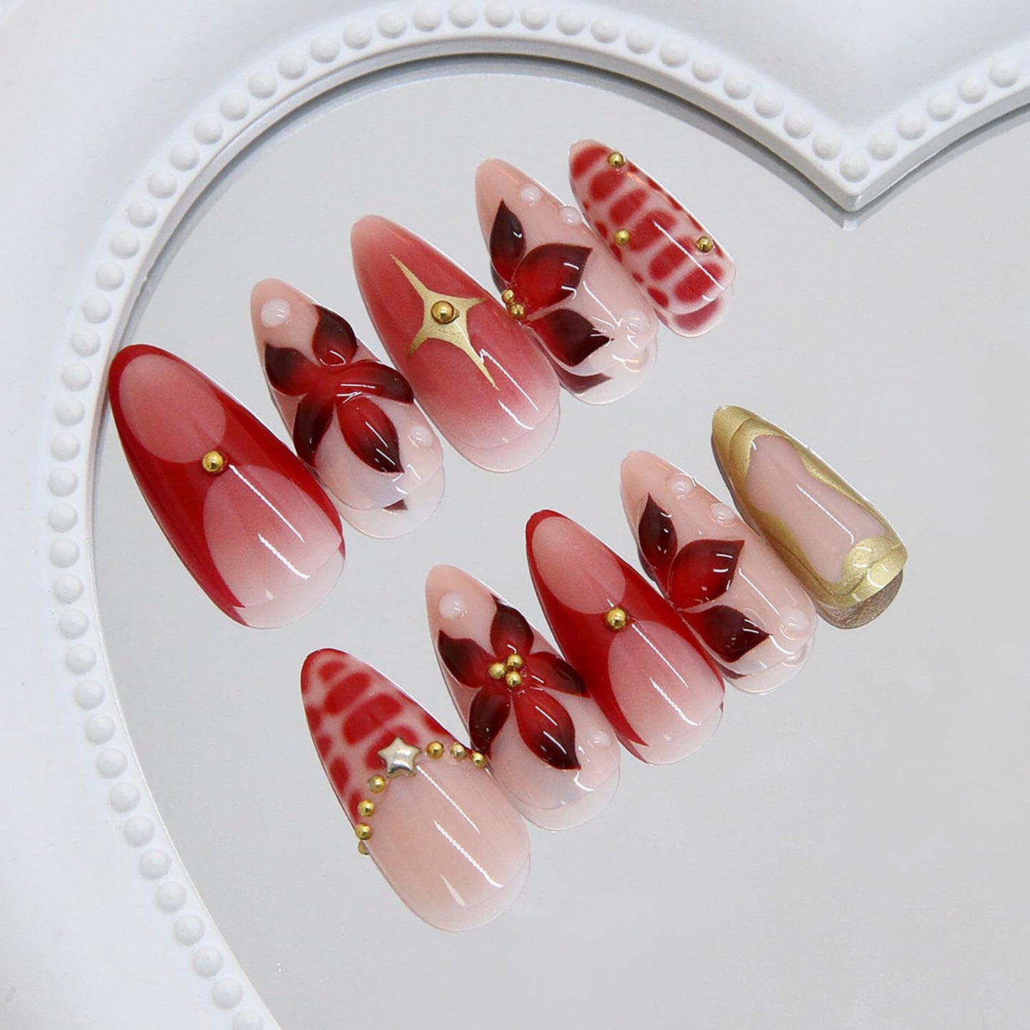 EYZOTSF Press on Almond Nails Medium Length Glossy Full Cover Acrylic Almond Shaped False Nails with Designs Artificial Fake Nail with Charms Glue Stick ons Fingernails for Women Girls(Z1099)