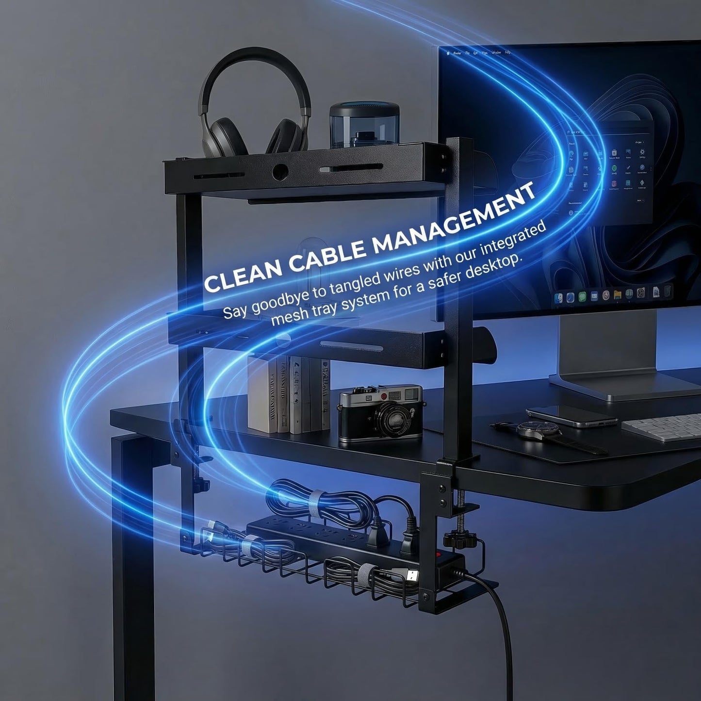Clamp On Desk Shelf, 17'' 2-Tier Desktop Organizer Shelf with Under-Desk Hidden Storage Basket, Heavy-Duty Desk Shelves for Top of Desk, Space-Saving Desk Storage for Home Office Gaming Setup (Black)