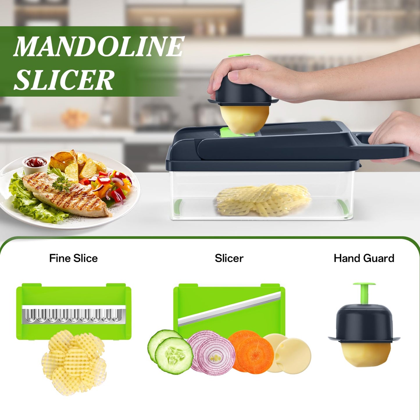HomeHacks Vegetable Chopper Vegetable Cutter, 12 in 1 Kitchen Gadget, Dicer, Slicer, Onion Cutter, Salad, Cheese Grater & Egg Separator - Multi-Functional Veggie Chopper Lid with Handle (Green)
