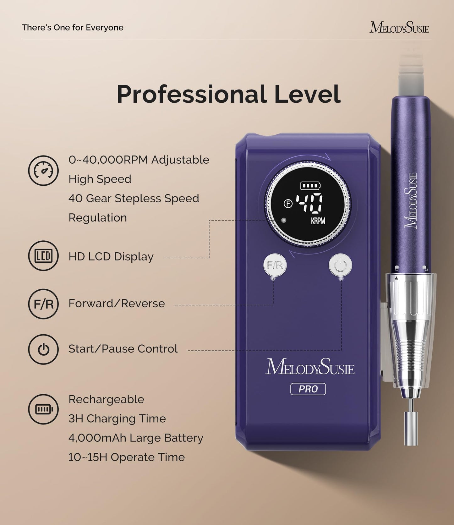 MelodySusie Professional Clip-On Rechargeable Nail Drill with Adjustable Built-in Stand and Premium Motor, MB420G 40000RPM E-File with Max Speed for All Manicure Shaping & Gel Removal for Salon Use