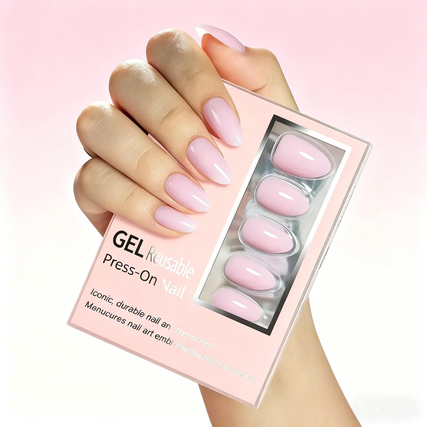 Milk Tea Pink Short Almond Press on Nails - Sheer Jelly Gel Nails Kit, Reusable 32Pcs with Glue & 16 Sizes for Women, Daily, Office Wear, Nude Nails