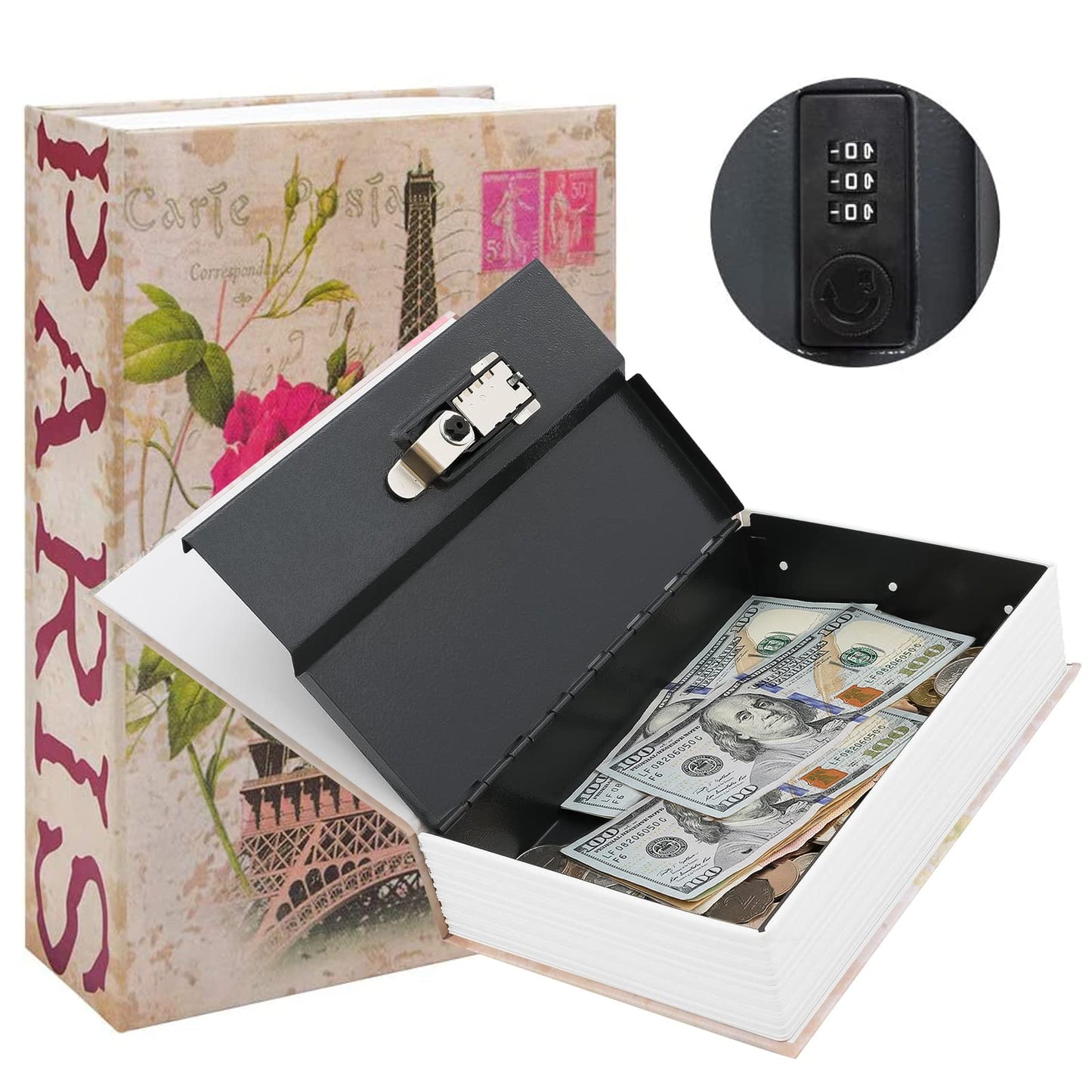 KYODOLED Diversion Book Safe with Combination Lock, Secret Safe Metal Lock Box, Money Storage Collection Box,9.5" x 6.2" x 2.2",France