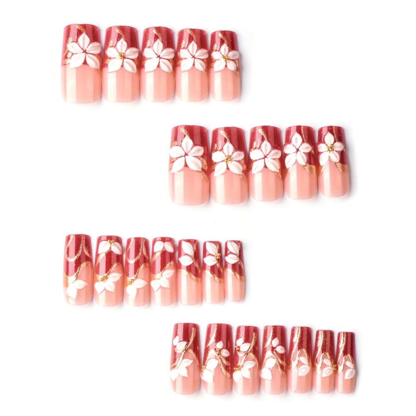 Long Press on Nails Square Fake Nails Red Artificial Nail 3D Floral and Gold Charm Designs Glossy Stick on Nail for Women 24pcs
