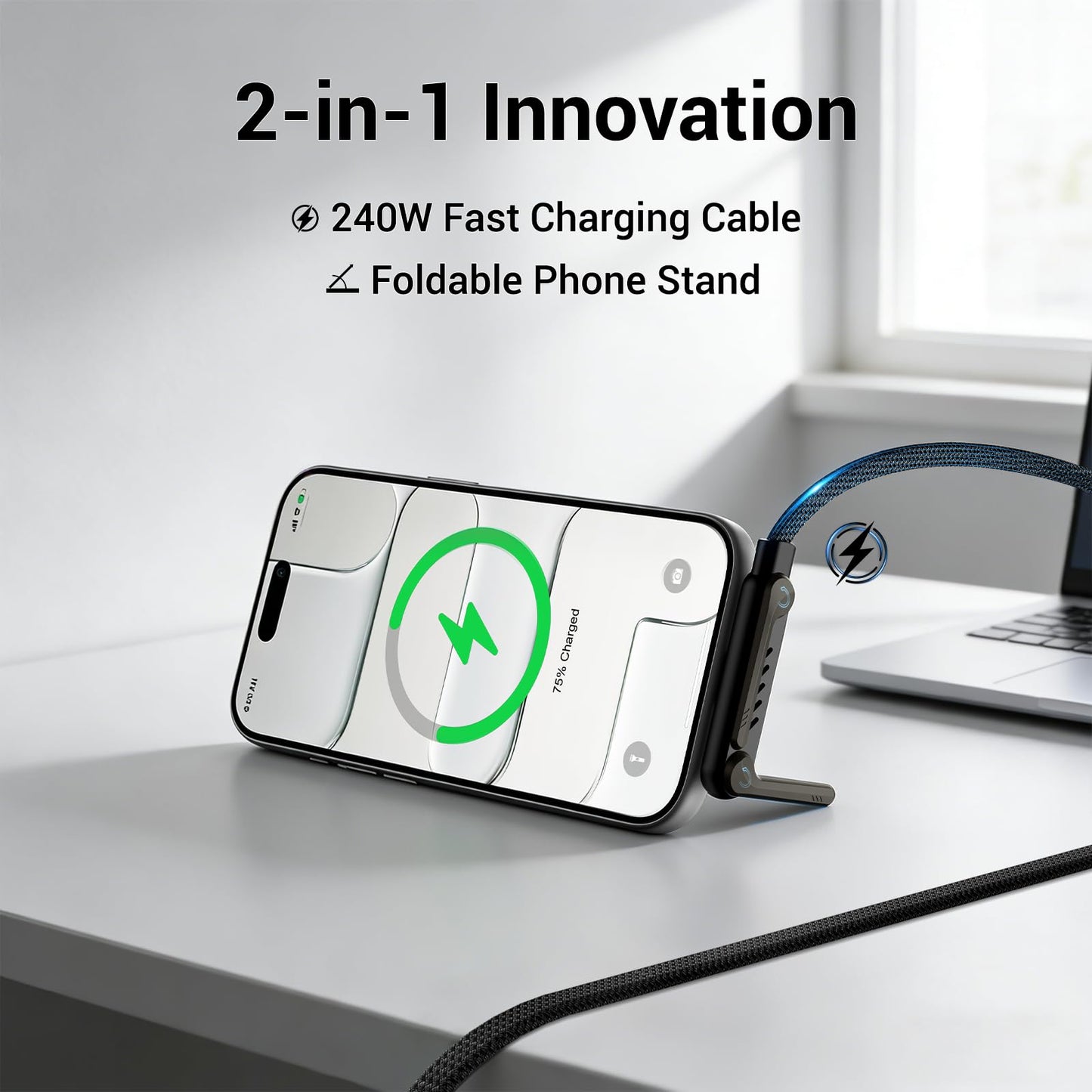 Konstreet 2-in-1 Invisible Stand Fast Charging Cable 240W Type-C Braided Fast Charging Cable Built-in Phone Stand 2 in 1 Phone Holder Cable for Suitable for Gaming Office and Travel Black