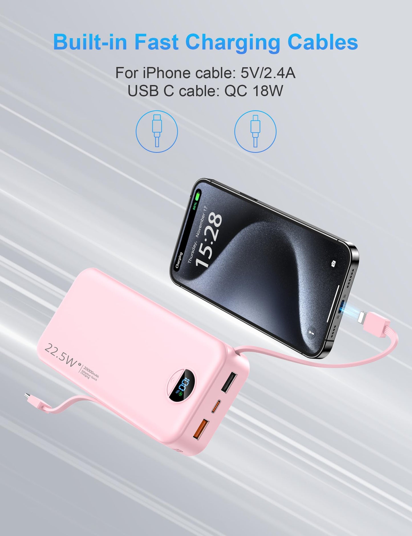 Ffnpua Portable Charger with Wall Plug, 20000mAh USB C Power Bank Fast Charging, External Battery Pack with Built in Cables, Digital Display, 5 Output 2 Input for iPhone Android Cell Phone Tablet