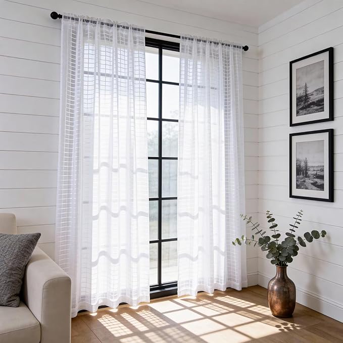 SpaceDresser Check Sheer Curtains 54 Inches Long for Living Room, Rod Pocket Plaid Semi Sheer Drapes for Kitchen Bedroom（White, 52W x 54L）