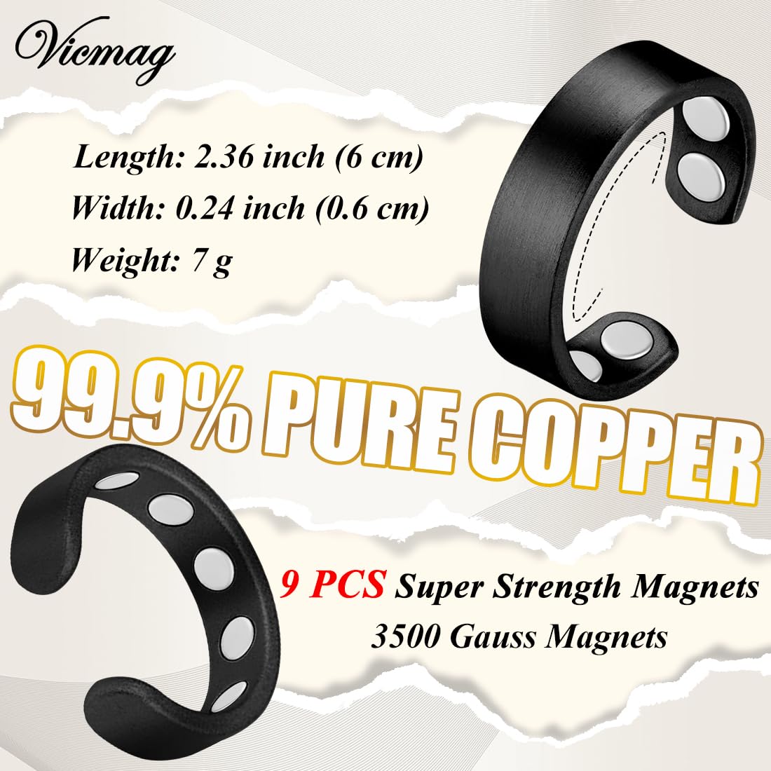 Vicmag 2PCS Magnetic Copper Rings for Women & Men,99.99% Pure Copper Ring with 9X Magnets Gift Adjustable(9X Black)