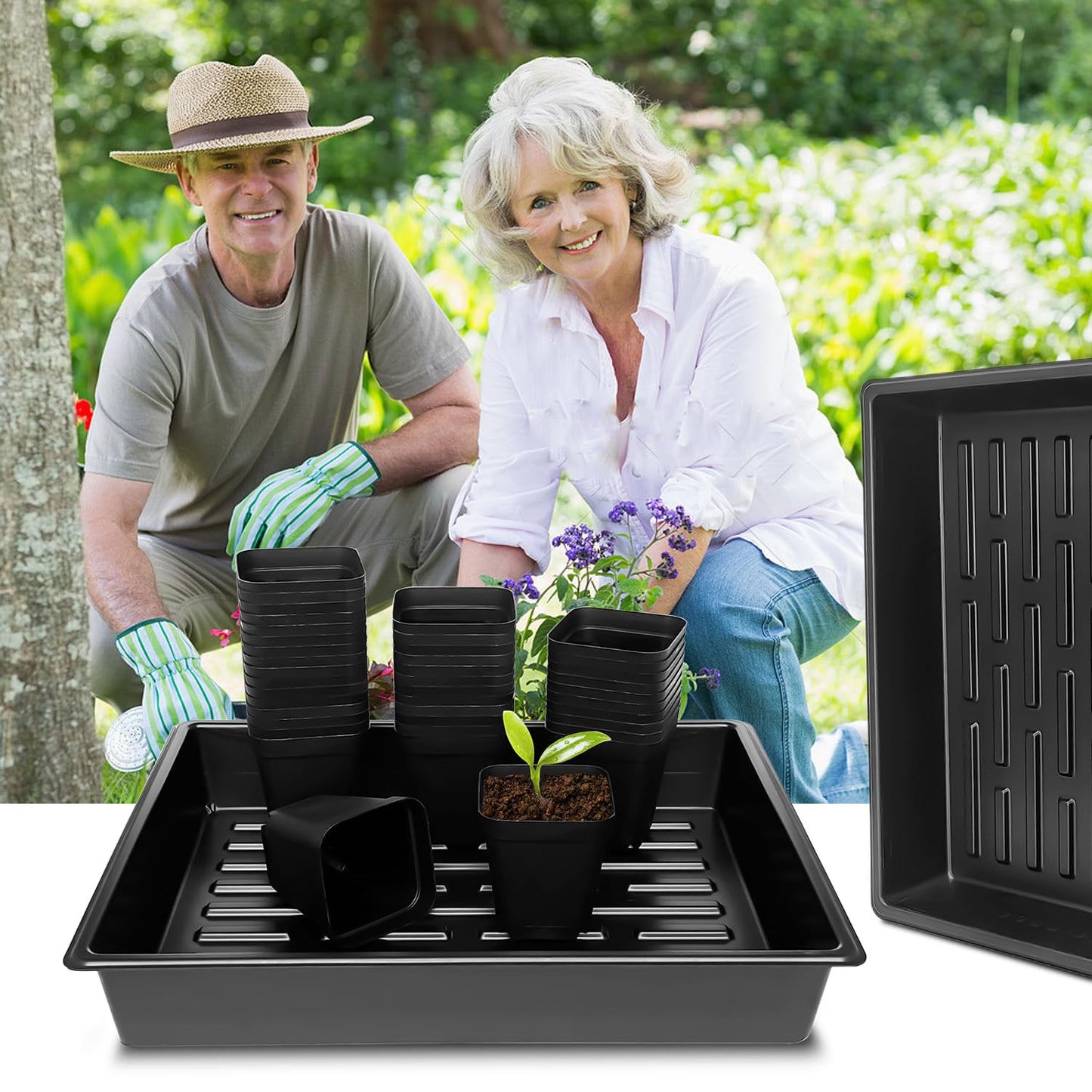 RooTrimmer 4 inch (10CM) Square Nursery Pots 60pcs, Sturdy Seedlings Trays 5 Pcs, Seeds Starter Germination Tray, Microgreening Planter Nursery Propagation 5 Sets