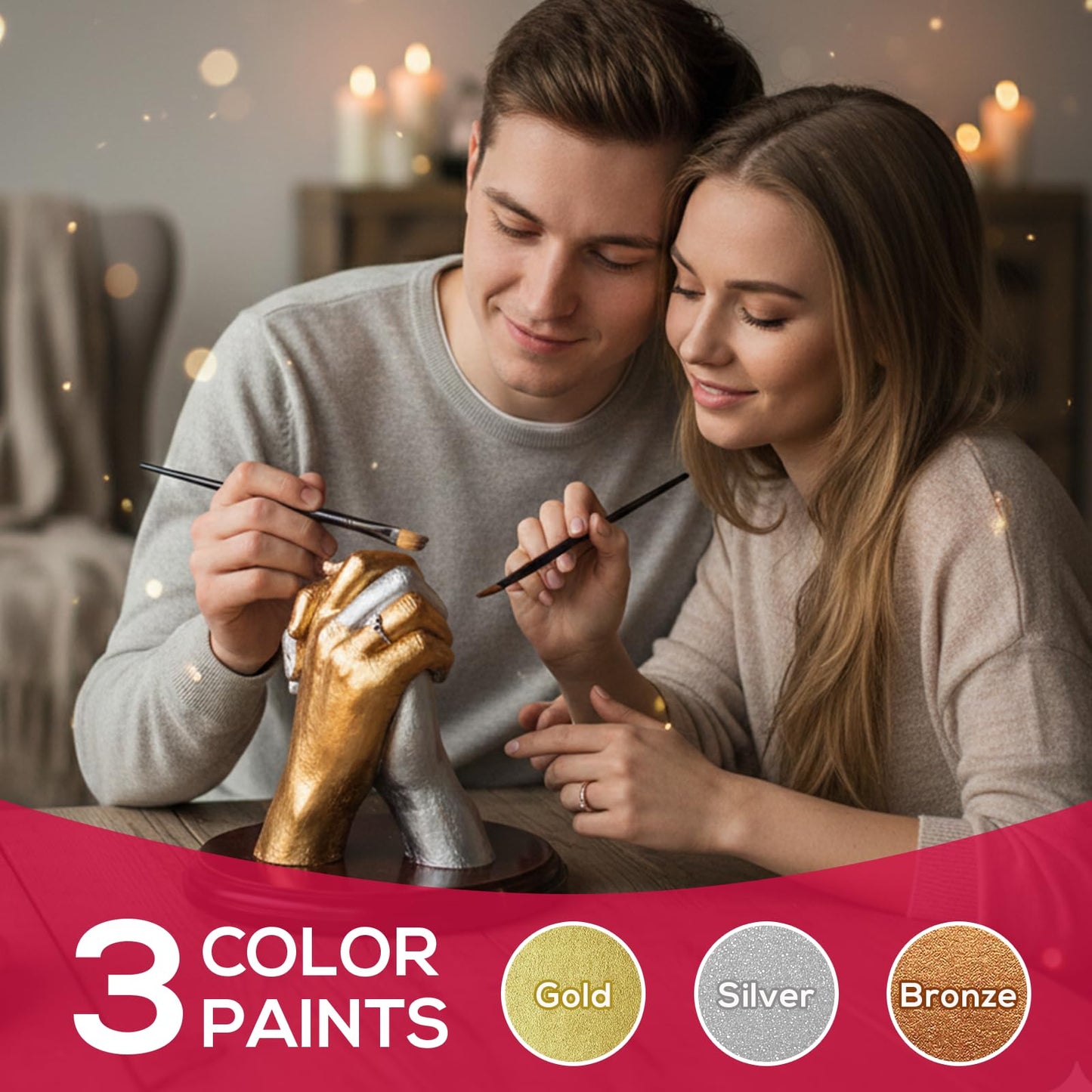 Falling in Art Hand Casting Kit Couples - Keepsake Plaster Hand Mold Kit for Family, Kids, Adults with Large Bucket, Gloves, Powder Materials, Color Paints, Wooden Base, Valentine's Day Gift