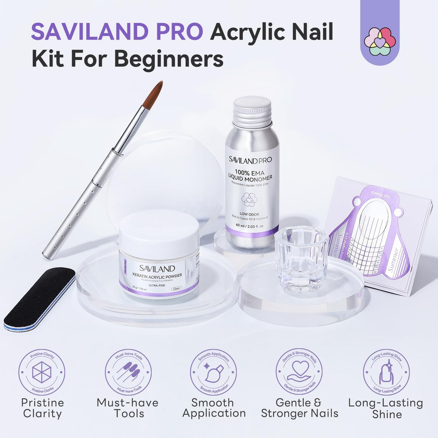 SAVILAND Acrylic Nail Kit Low Odor: Bio-Sourced Nail Kit Acrylic Set with Bio-Based Keratin Clear Powder and Liquid Set Size 12 Kolinsky Brush File Forms & Tools for Professionals Home Salon Manicure