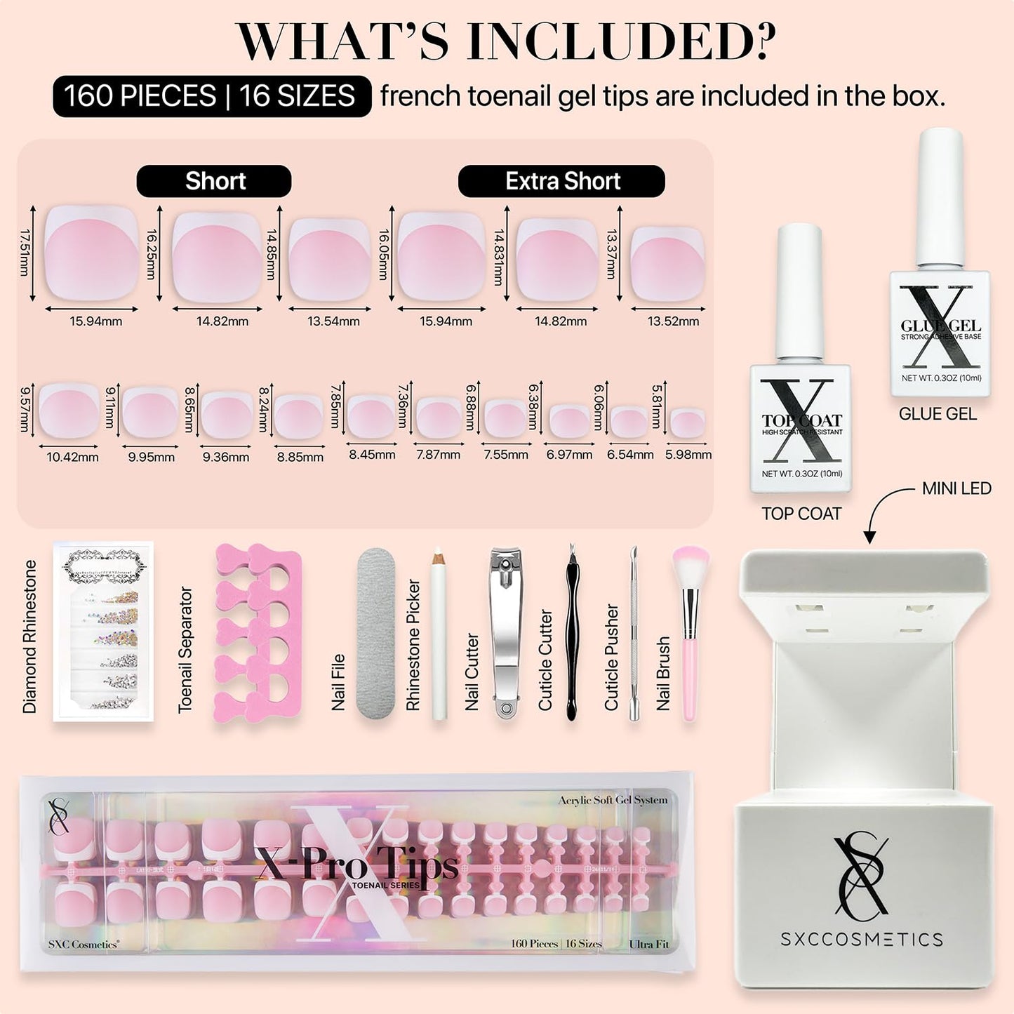 SXC Cosmetics X-Pro Tips French Tip Press On Toenails for Women, Acrylic Soft Gel System (Short French Pink, Short)