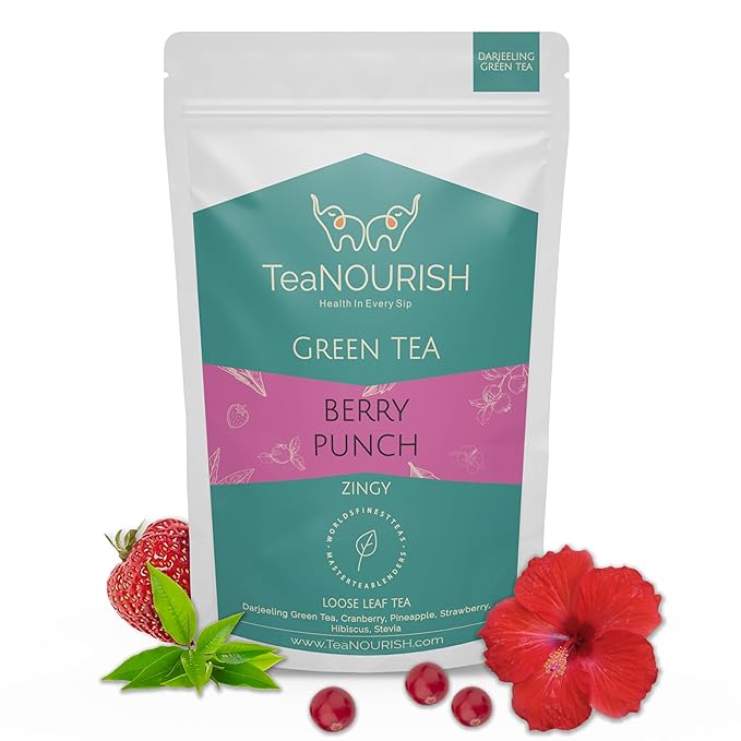 TeaNOURISH Berry Punch Green Tea | Zingy & Refreshing | Darjeeling Tea Loose | 100% Natural Fresh Berries & Hibiscus Flower | Brew Hot or Iced Tea - 3.53oz/100g