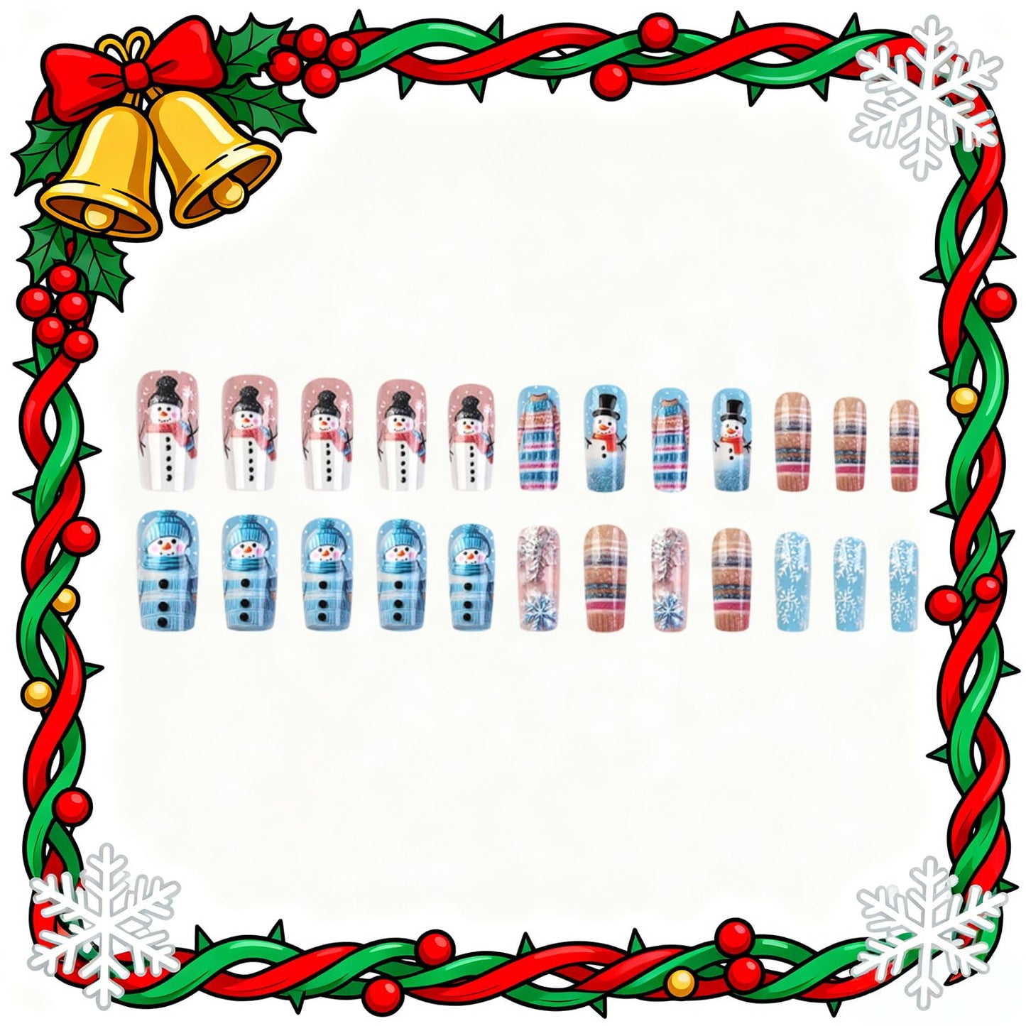 CJDLTS Christmas Press on Nails Long Artificial Square Acrylic False Nails 3D Relief Snowflake Snowman with Plaid Stripe Stick on Nail Full Cover Artificial Fingernails for Women Festival Manicure