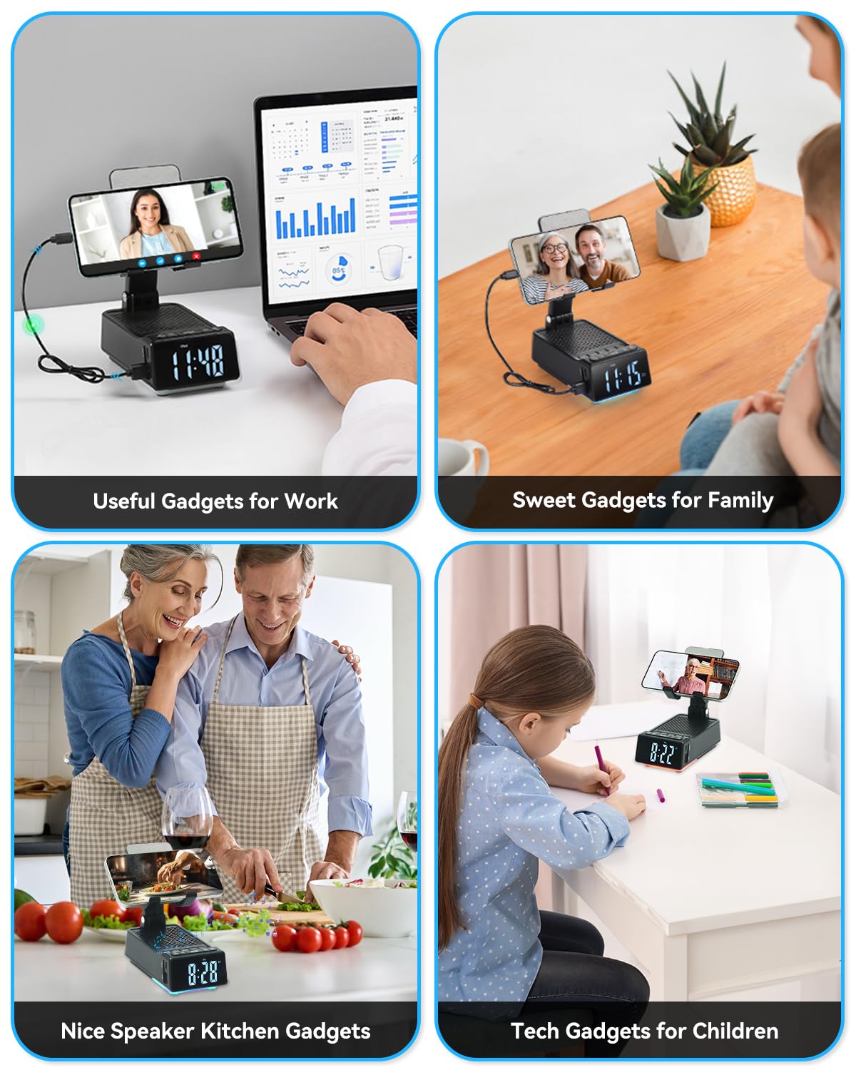 Father's Day Gifts for Dad, Birthday Gifts for Men, 7 in 1 Phone Stand Bluetooth Speaker with Alarm Clock, Wireless Charger, Light, USB Playback & Hands-Free Calling