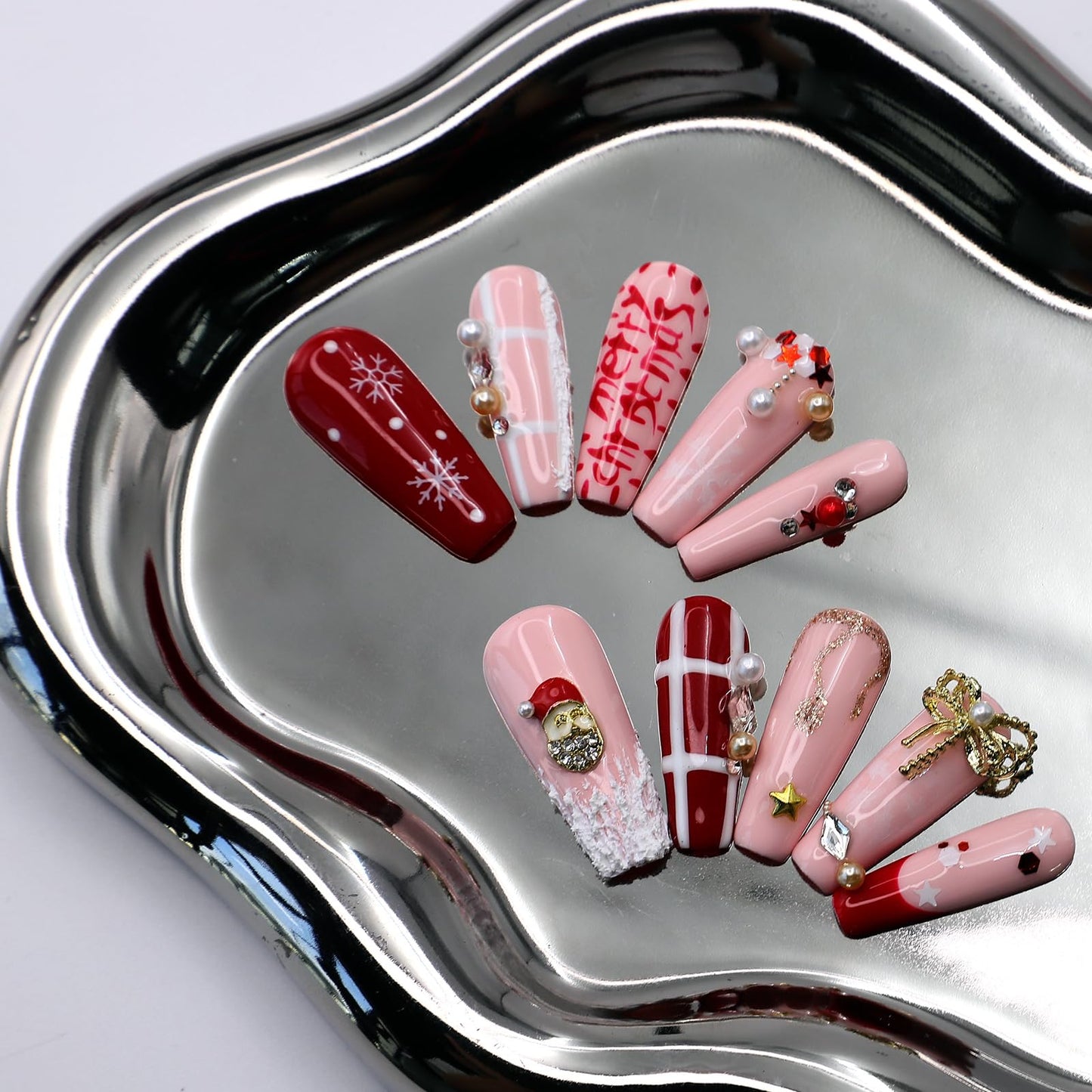 10Pcs Handmade Christmas Press on Nails Long French Tip Fake Nails with 3D Bow Pearl Design Thick Acrylic and Muti-Layer Gel False Nails Coffin Nails Press ons Christmas Glue on Nail for Women (S)