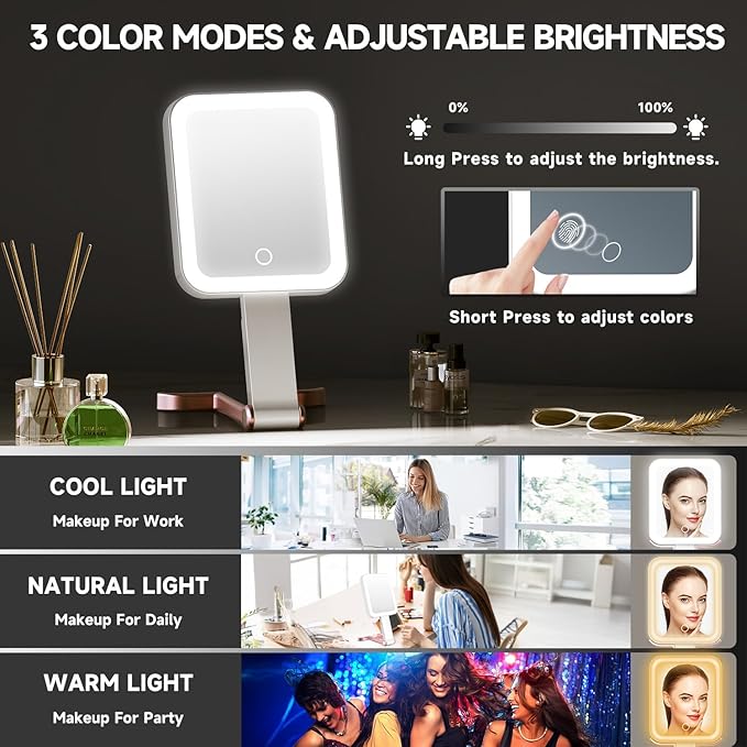 Mocado Travel Makeup Mirror with Lights,10X/1X Magnifying Mirror with Light, Double Sided Travel Mirror with 3 Color Light,Dimmable Touch,Lighted Makeup Mirror for Tabletop,Handheld,Hanging(Rose Gold)