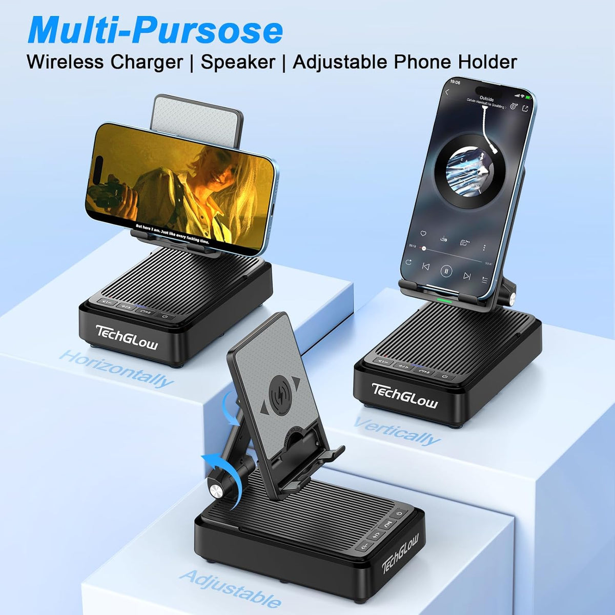 Gifts for Men Women-TechGlow Bluetooth Speaker with Phone Stand and Wireless Charger Compatible with iPhone 16 15 14 13 Pro XS 8 Plus Samsung Galaxy S25 S24 S23 Note 20 Birthday Gift Idea for Mom Dad