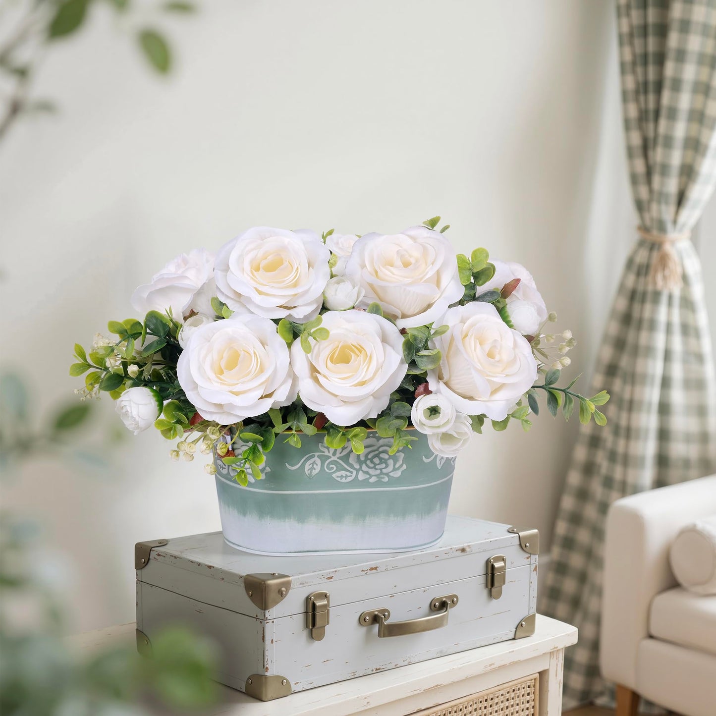 Artificial Rose Flower Arrangement for Table Centerpiece, Farmhouse White Silk Flowers with Eucalyptus in Rustic Galvanized Metal Po Faux Floral Centerpiece for Dining Table, Home, Office Décor