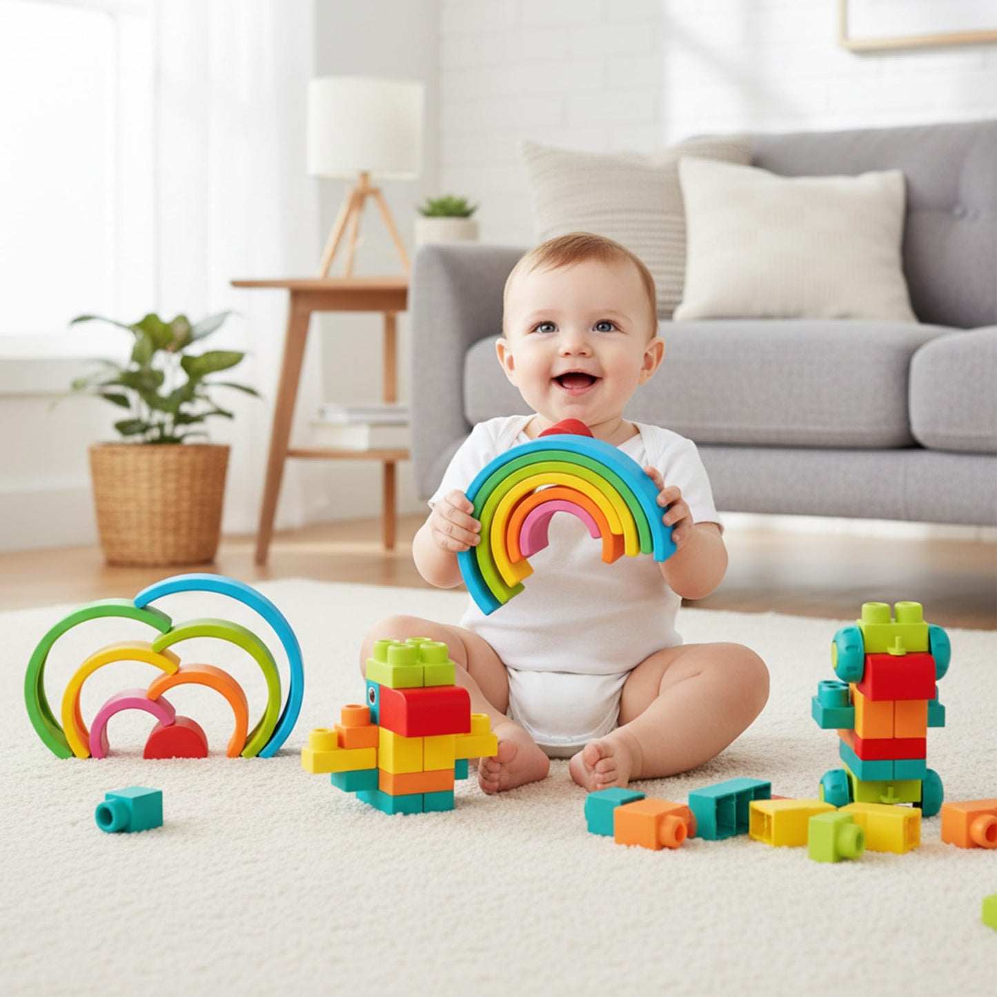 Soft Building Blocks Bundle - STEM Montessori Preschool Stacking Sensory Toys: 42-Piece Rubber Construction Blocks Bag with Storage + Silicone Rainbow Stacker & Nesting Blocks (7 PCS), Colorful Creati
