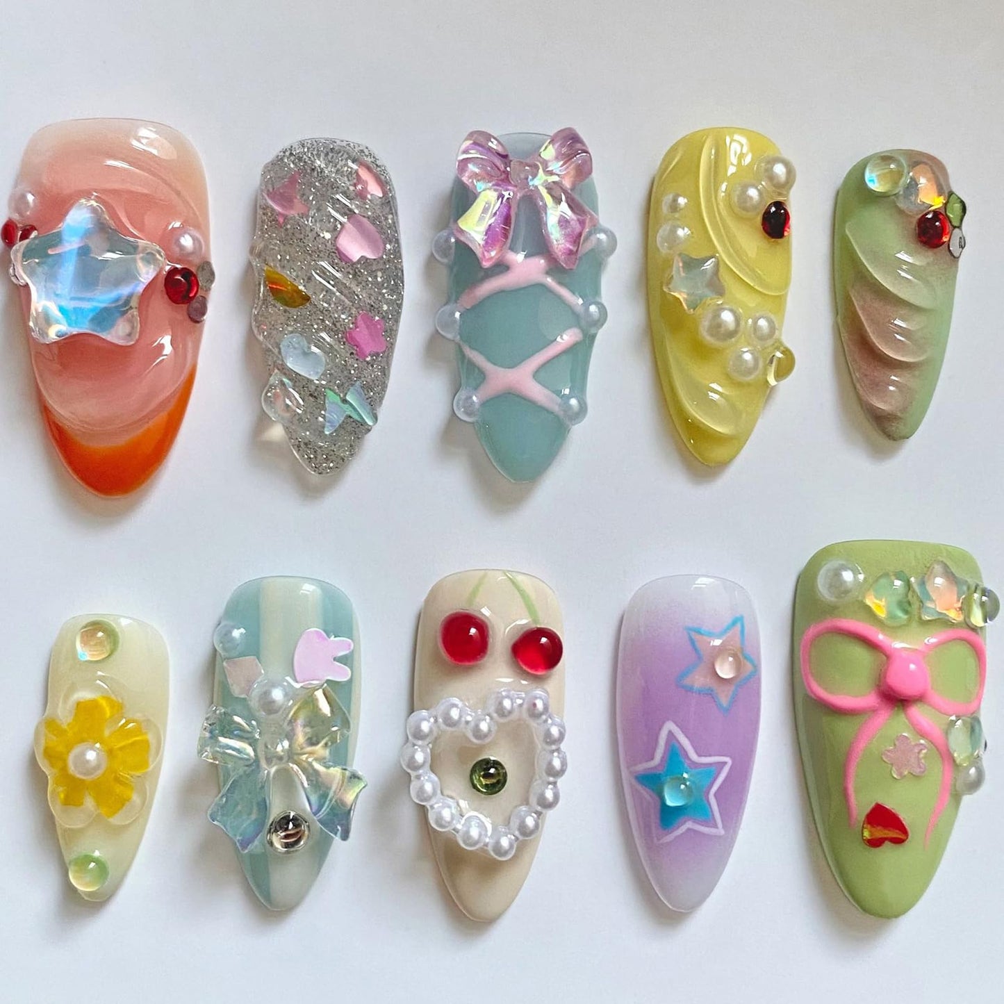 Luxury Press on Nails Cute Short Almond Handmade Nails 3D Unique Reusable ABS Material Fake Nails Bow Star Heart Pearl Charm False Nails with Designs Glossy Thick Acrylic Nails(M)