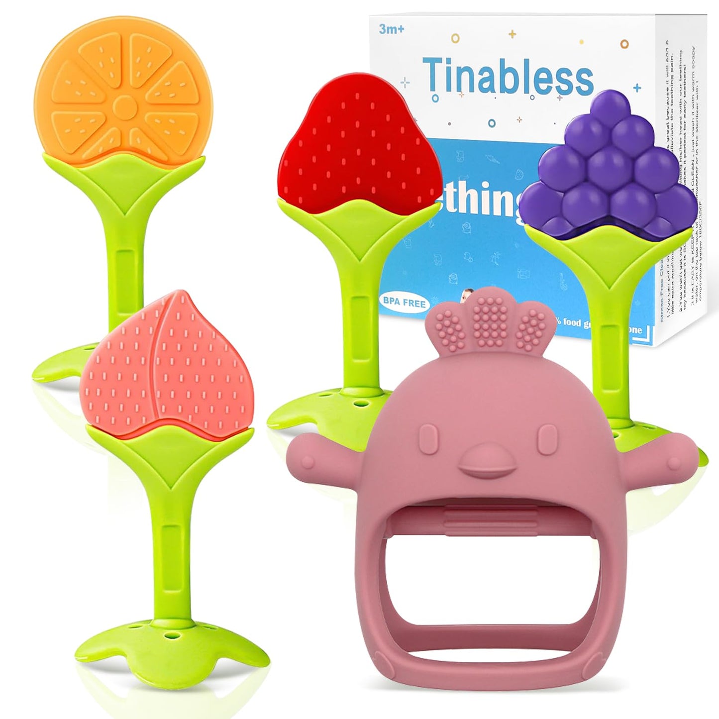 Tinabless Baby Teething Toys 5 Pack, Food Grade Silicone Teething Mitten & Teethers for Babies 3-12 Months, BPA-Free Infant Chew Toys for Teething Relief, Easy-Grip, Freezer Safe, Coral Red