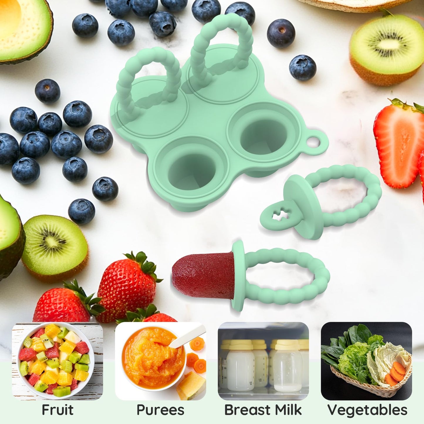 btrfe Baby Ice Lolly Mould, Silicone Petite Pops, Baby Popsicle Mold Set Tiny Pops and Teether for Infants 4+ Months Teething Relief, Baby Essentials
