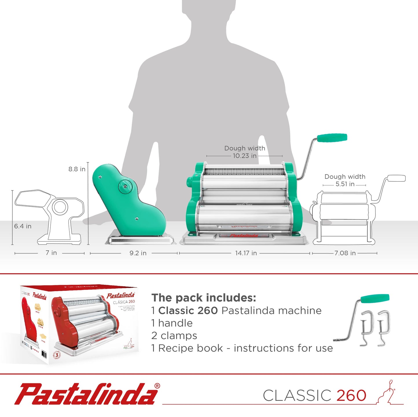 PASTALINDA Classic 260 Pasta Maker Machine, 26 cm Wide Rollers, 9 Thickness Positions, 2 Cutting Positions, Stainless Steel. Includes Reinforced Hand Crank And Two Clamps (Green)