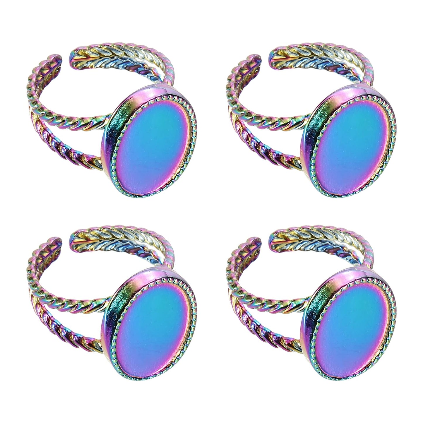 MECCANIXITY 4Pcs Stainless Steel Ring Base Blank, 16x12mm Adjustable Pad Cabochon Ring Blank Base Flat Bezel Tray for Jewelry Making Finding DIY, Rainbow