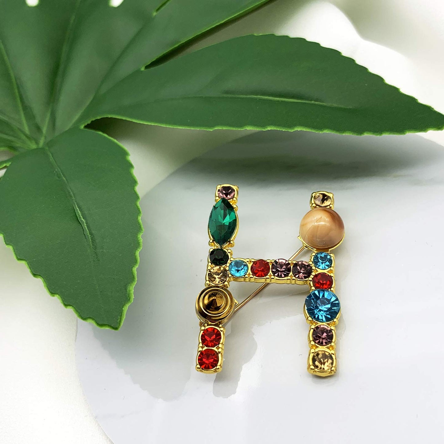 XGALBLA Letters H Plated Metal Stone Clear Colorful Crystal Lapel Pin Brooches Collar(Gold Tone)