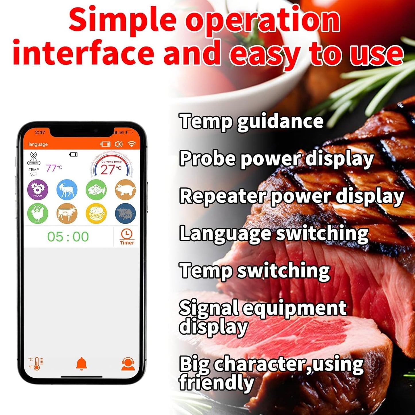 500ft Smart Bluetooth Meat Thermometer with IP66 Waterproof, Food Thermometer for BBQ, Wireless Meat Thermometer for Kitchen, Smoker,Grilling, Oven, Rotisserie Gift(iOS & Android)
