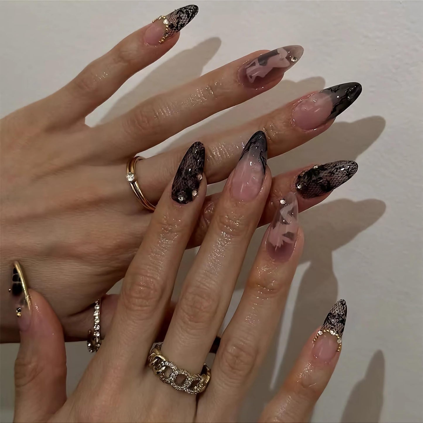 BABALAL Dark Coquette Press On Nails, Almond Fake Nails with Black Lace & Rhinestone, Nude Pink Ombre Acrylic Stick On Nails for Women 24Pcs