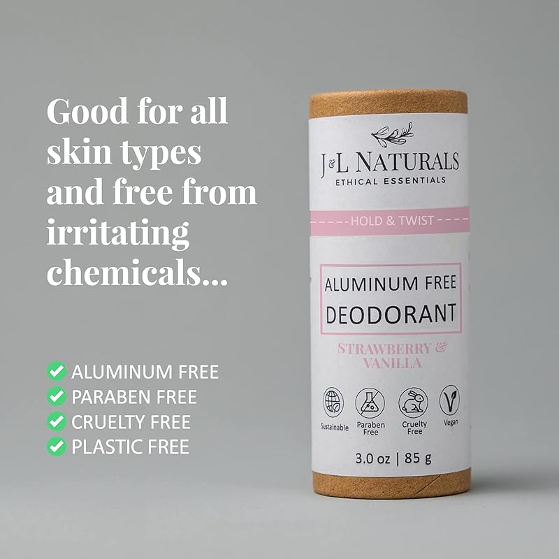 J&L Naturals Aluminum Free Deodorant for Men & Women | 100% Natural Ingredients With Coconut Oil, Shea Butter, & Essential Oils | Sustainable, Eco-Friendly (Strawberry & Vanilla, 3.0 Oz (Pack of 2))